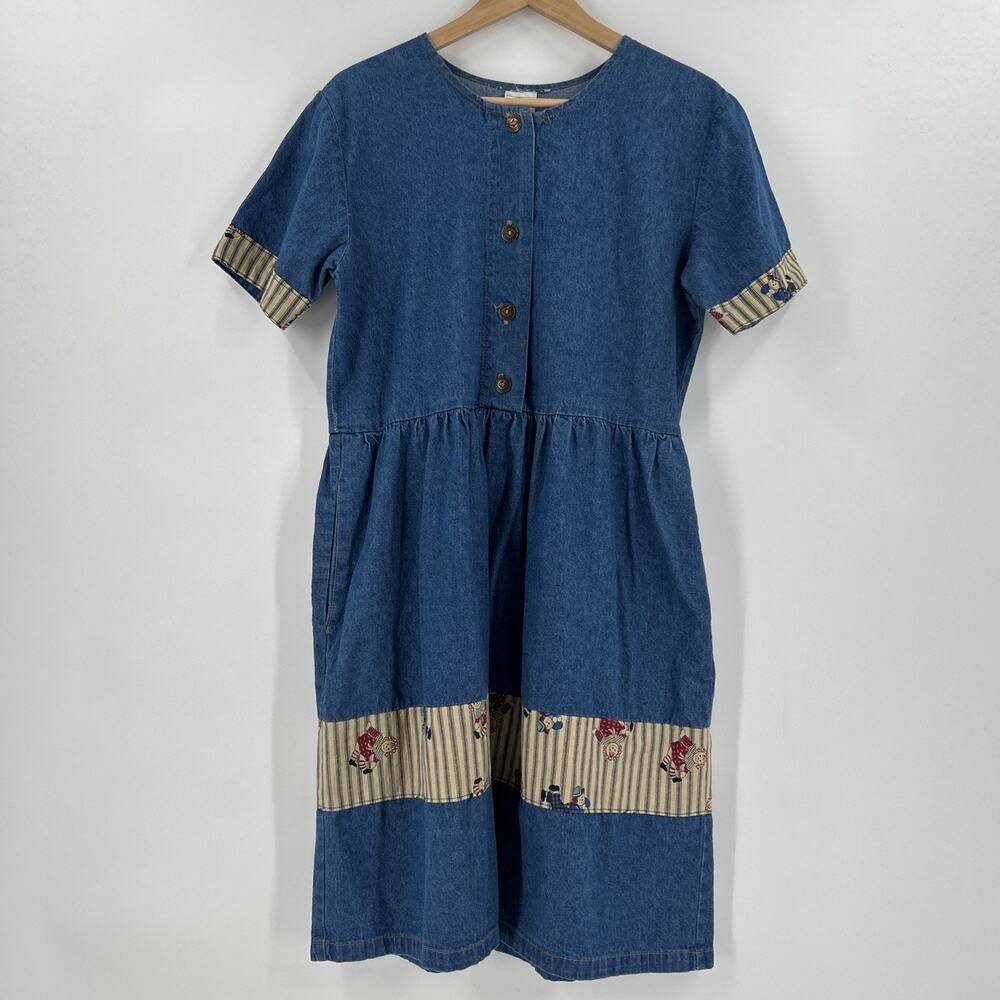 Vintage 80s Dress Womens Size S Midi Denim Blue USA Made Raggedy Ann Pockets